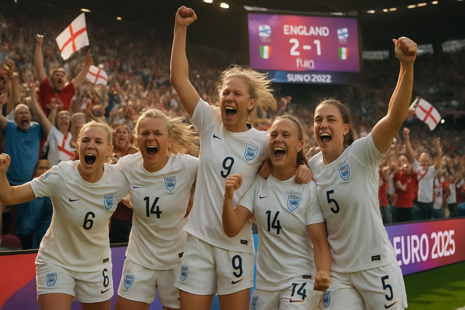 England women's football team celebrating victory over Italy