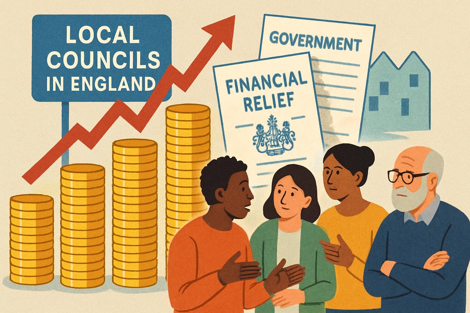 Stacks of coins and government documents with diverse citizens