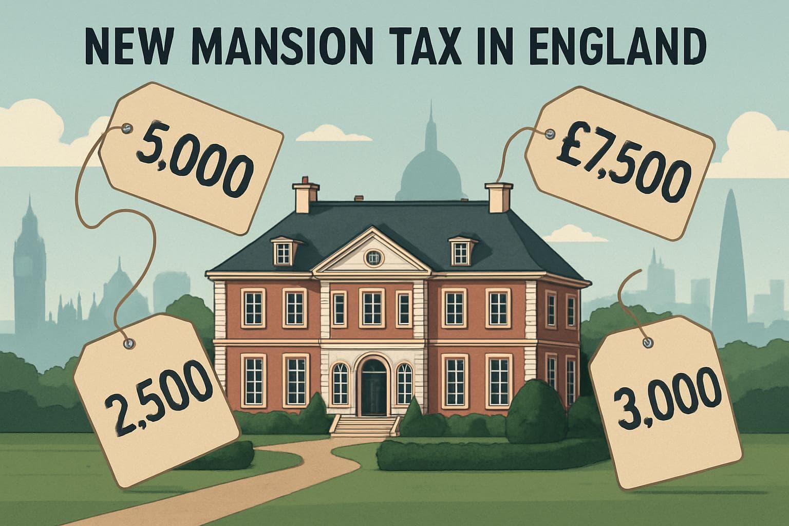 Large mansion with price tags against London skyline