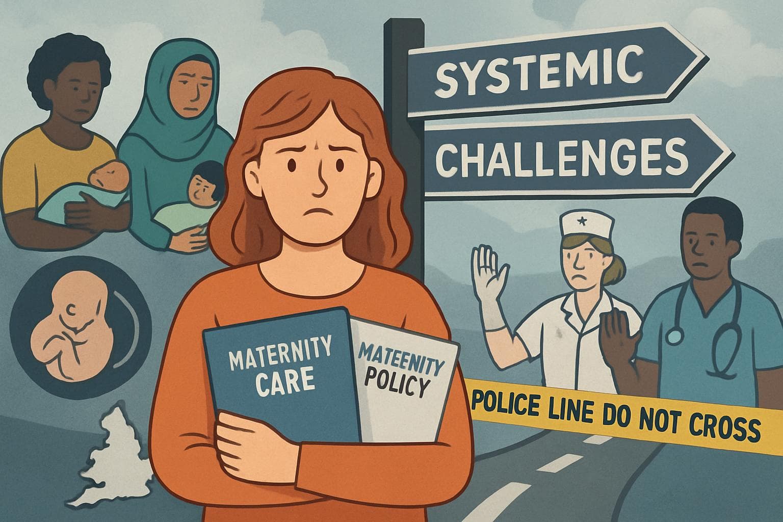 Woman at crossroads with maternity care symbols and documents