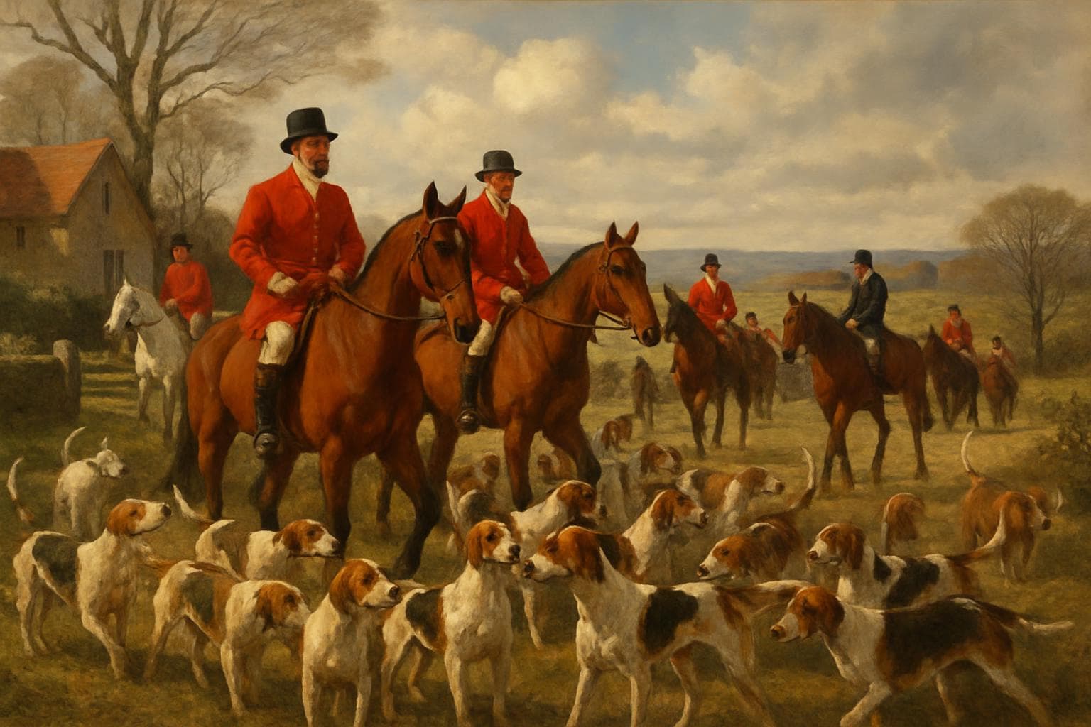 Horseback riders and hounds in a rural English trail hunt