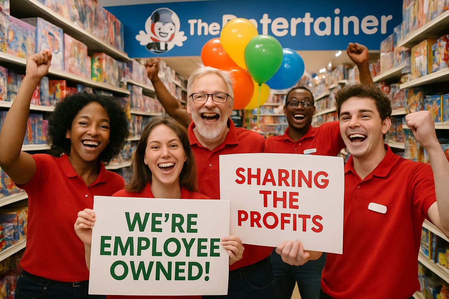 Toy store employees celebrating new ownership