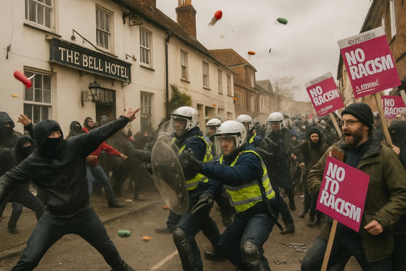 Masked protestors clash with police in riot gear at The Bell hotel.