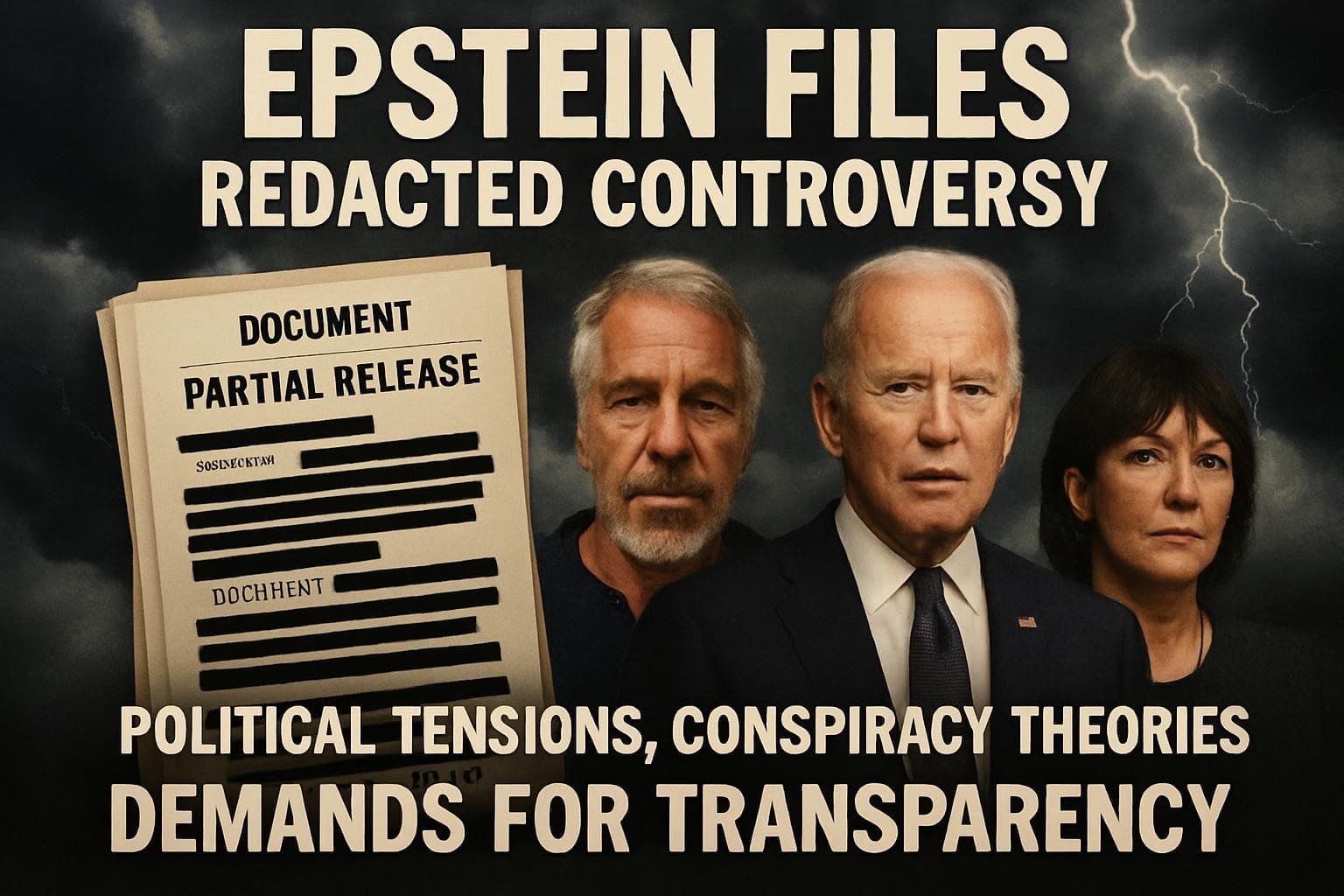 Heavily redacted Epstein files with political symbols