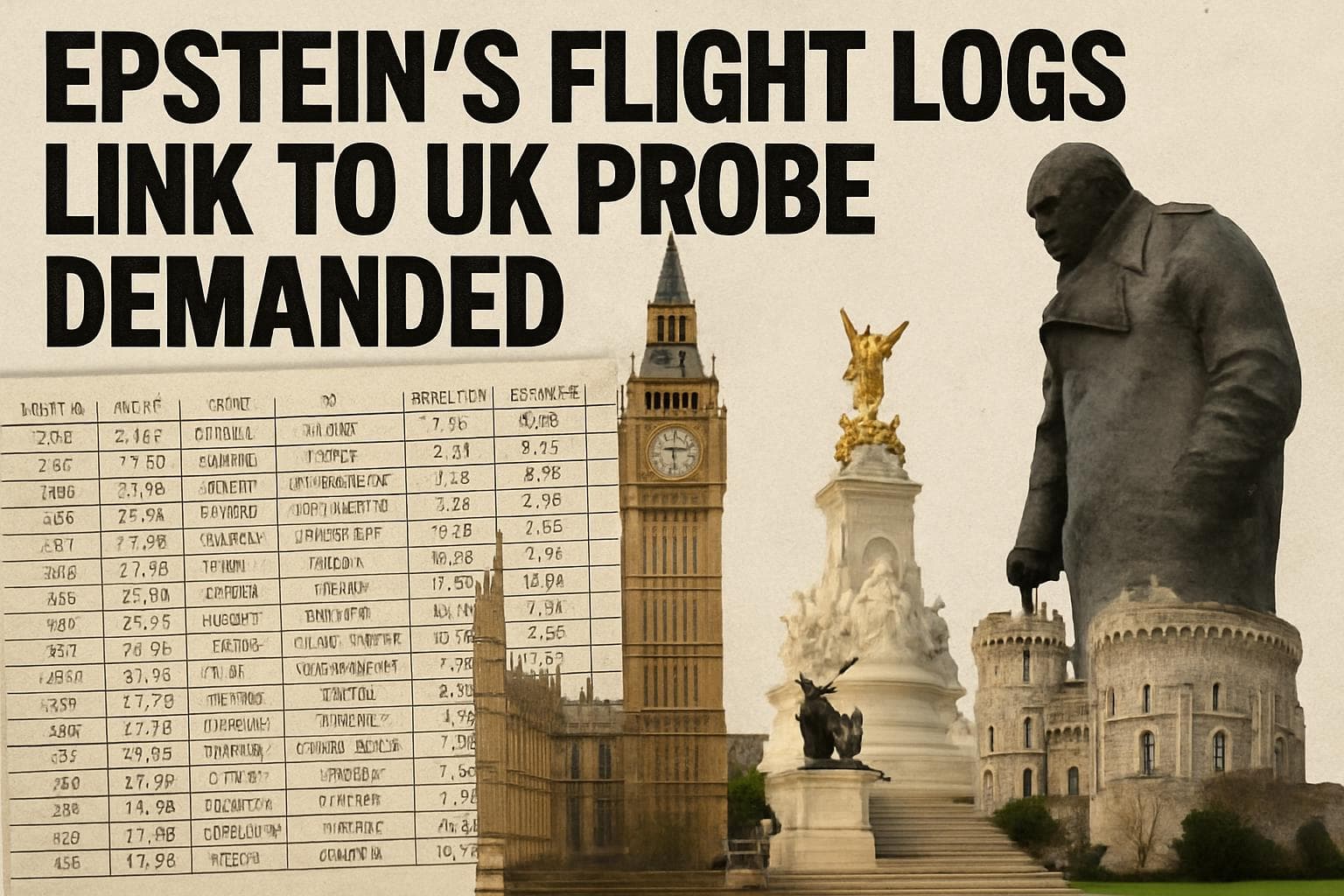 Collage of Epstein's flight logs with British landmarks
