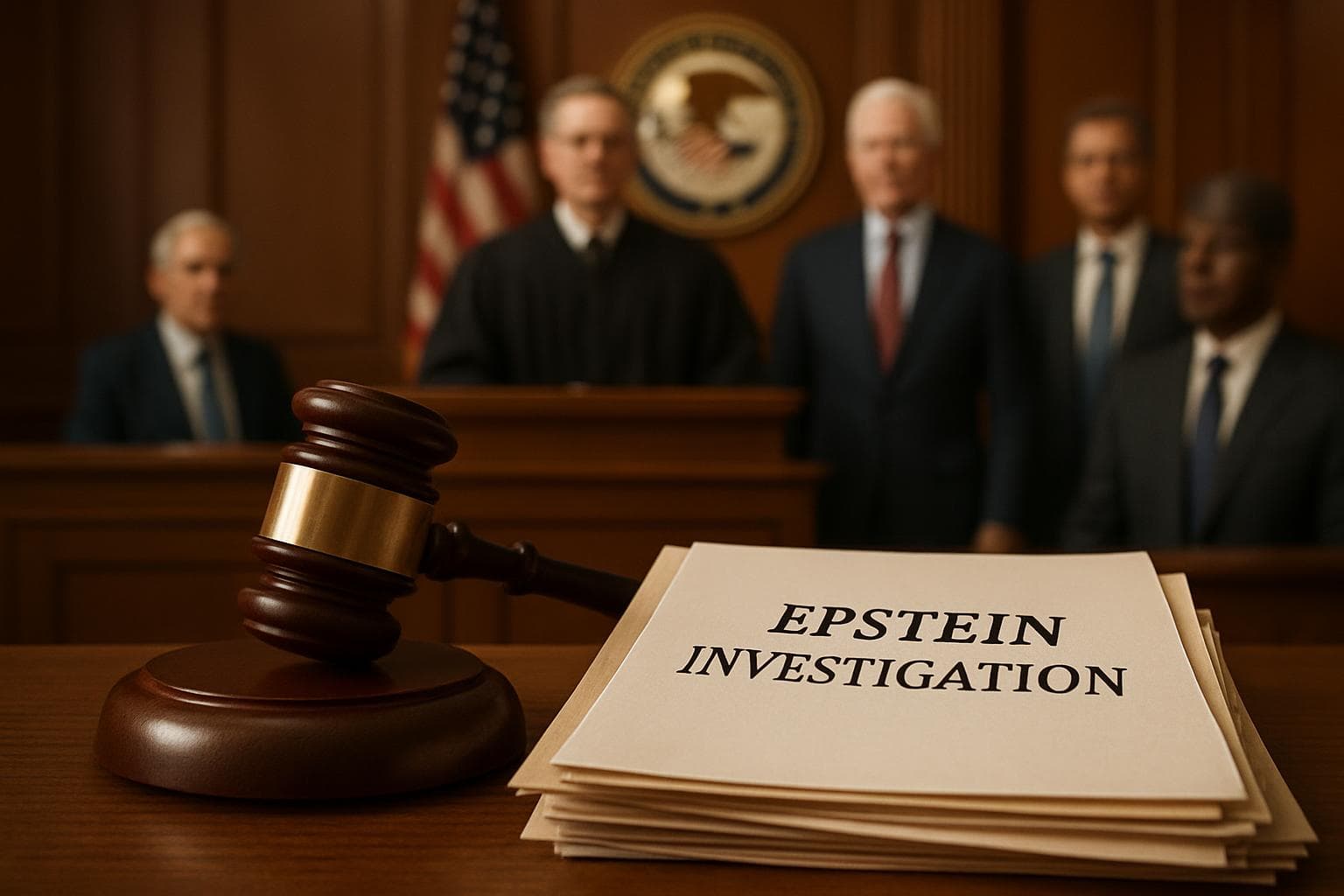 Courtroom scene with gavel and Epstein Investigation documents