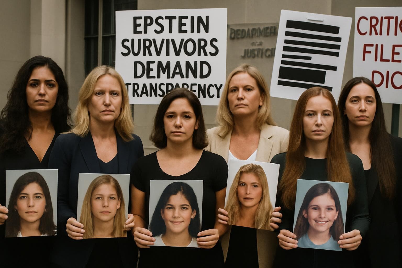 Survivors of Jeffrey Epstein holding photos of themselves