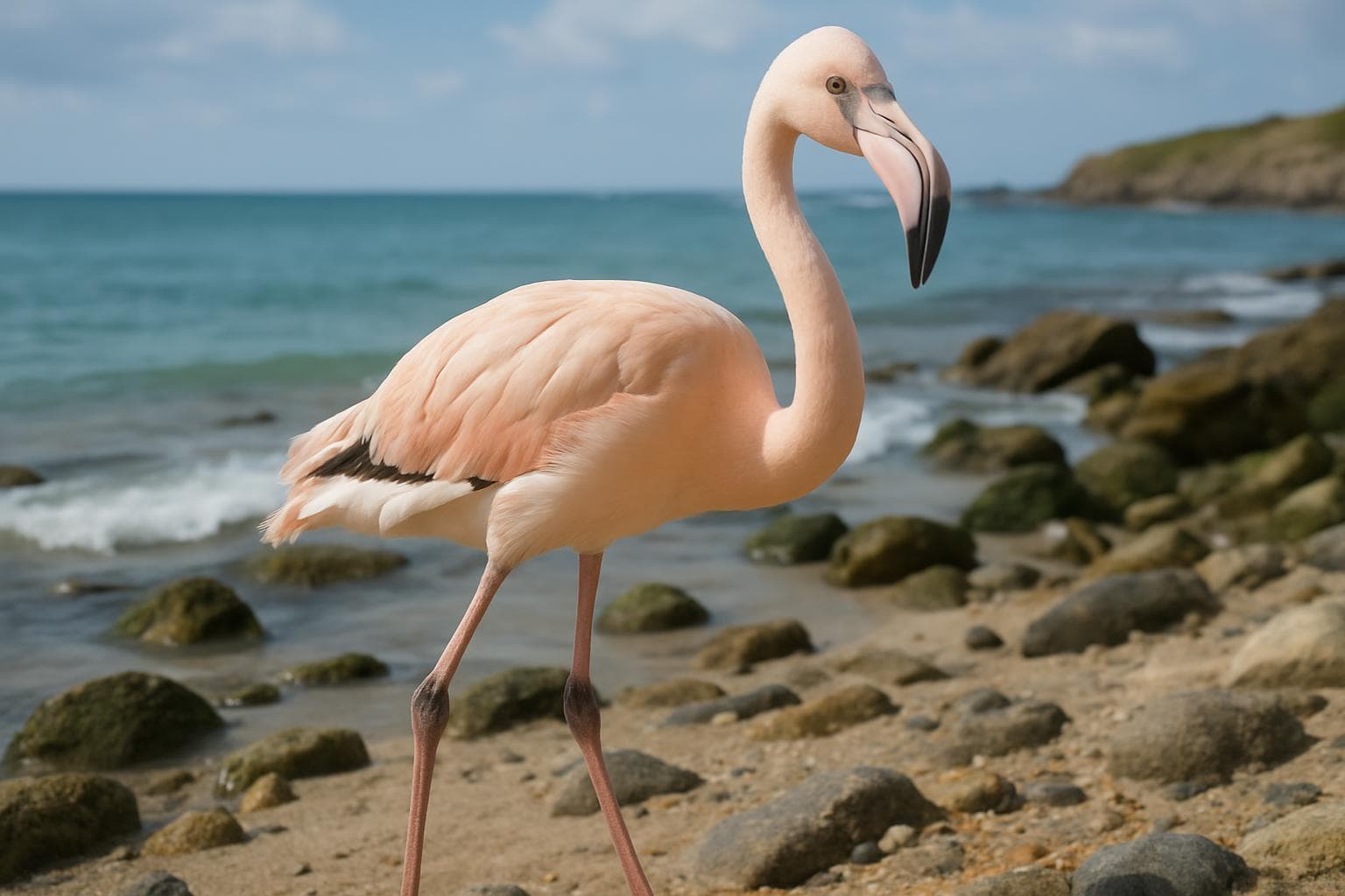 Young flamingo named Frankie on Brittany coast