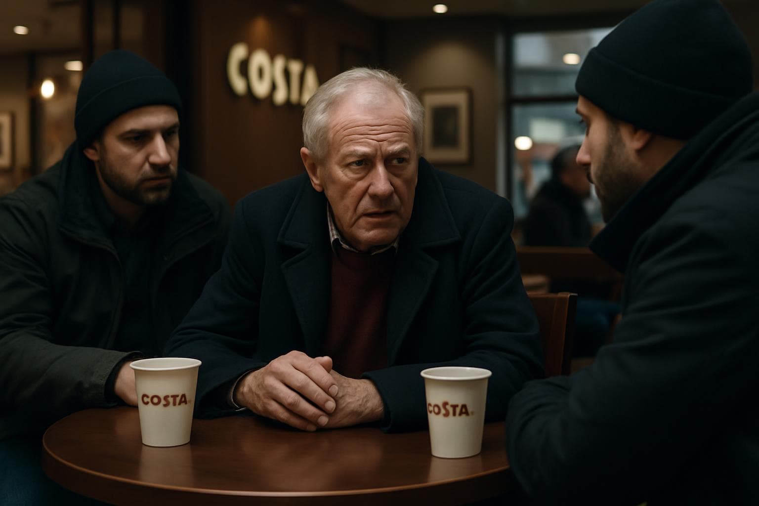 Elderly man meeting undercover officers in a coffee shop