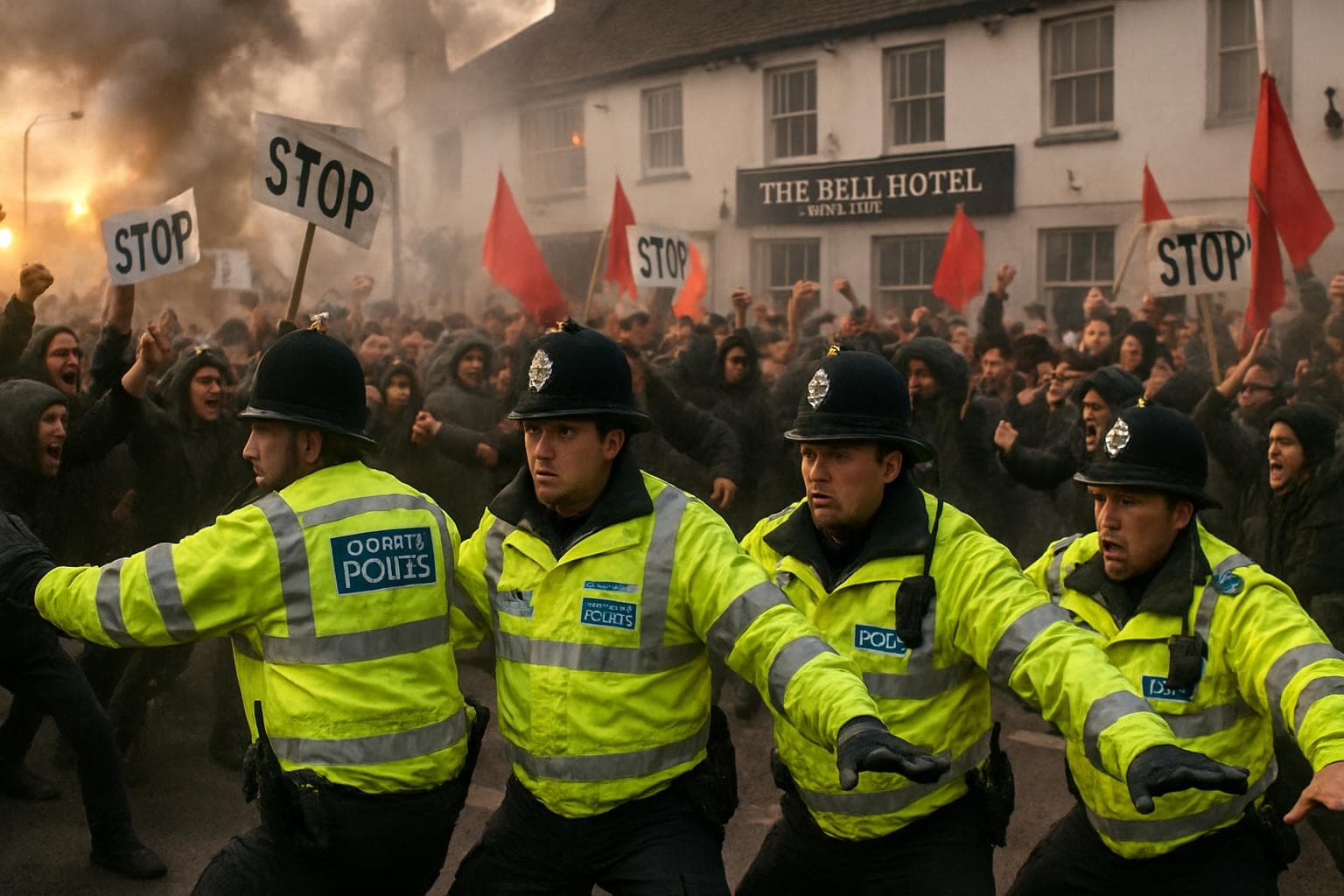 Essex Police managing protesters outside The Bell Hotel in Epping