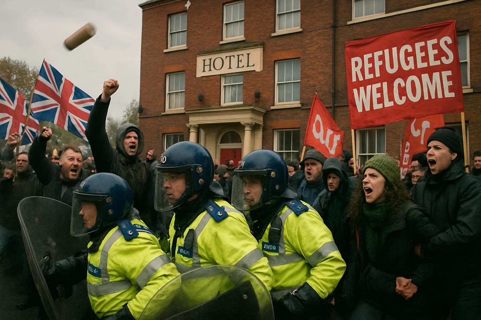 Protest scene with far-right activists, pro-refugee supporters, and police in Essex.