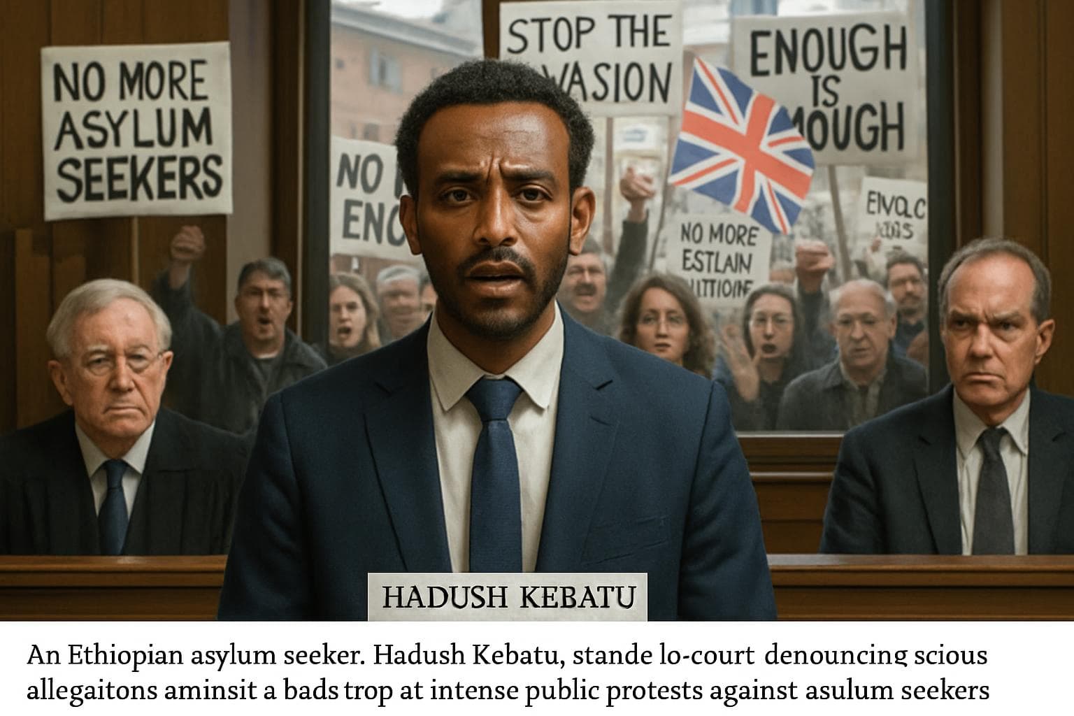 Ethiopian asylum seeker Hadush Kebatu in court with protests outside