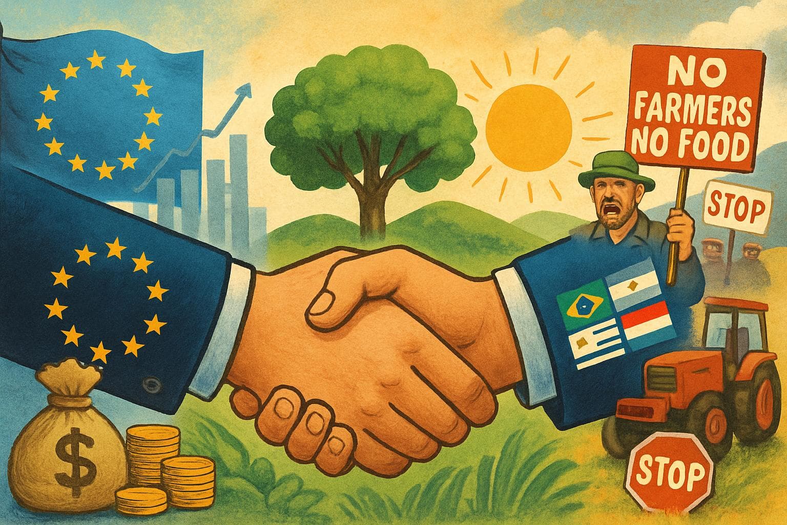 Handshake between EU and Mercosur representatives with protests