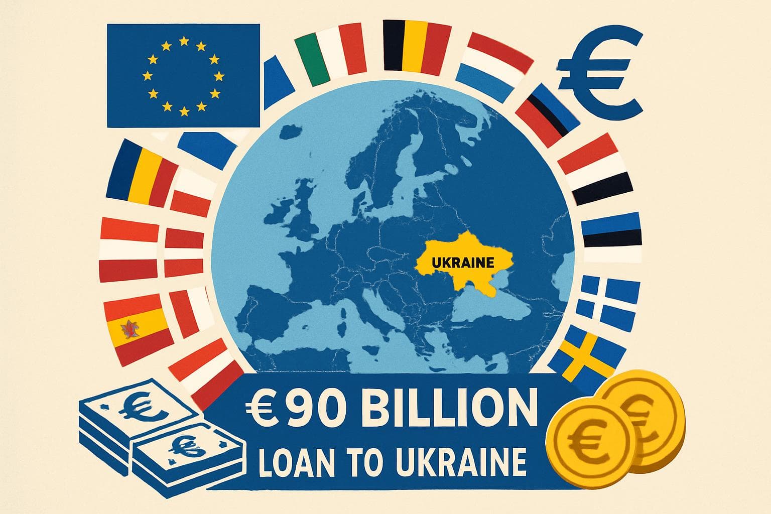 Map of Europe with Ukraine highlighted surrounded by EU flags