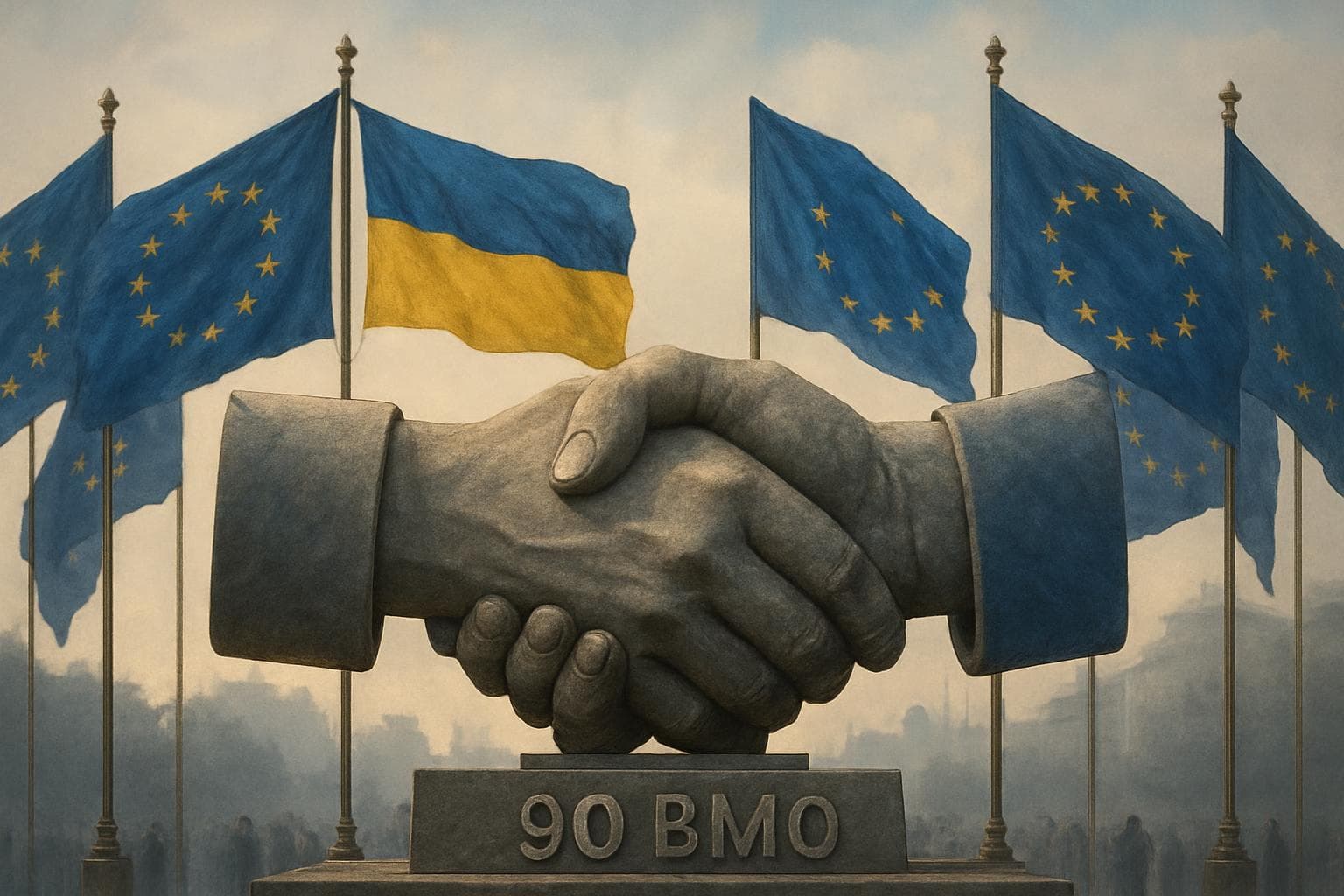 Handshake with EU and Ukraine flags in the background