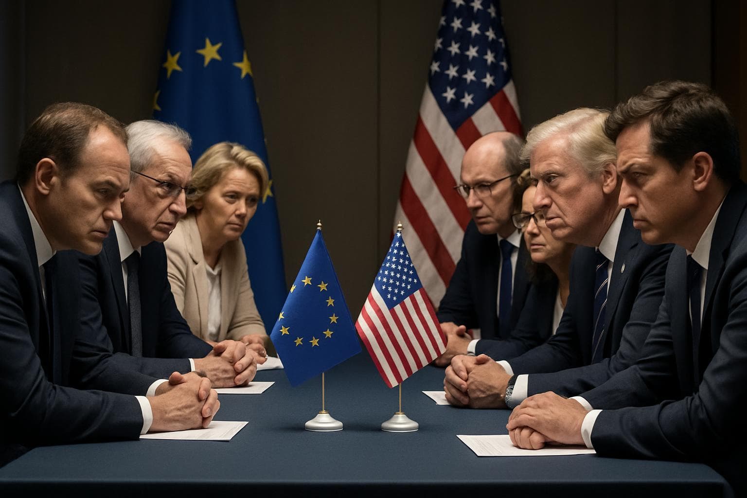 EU and US flags at a negotiation table with leaders