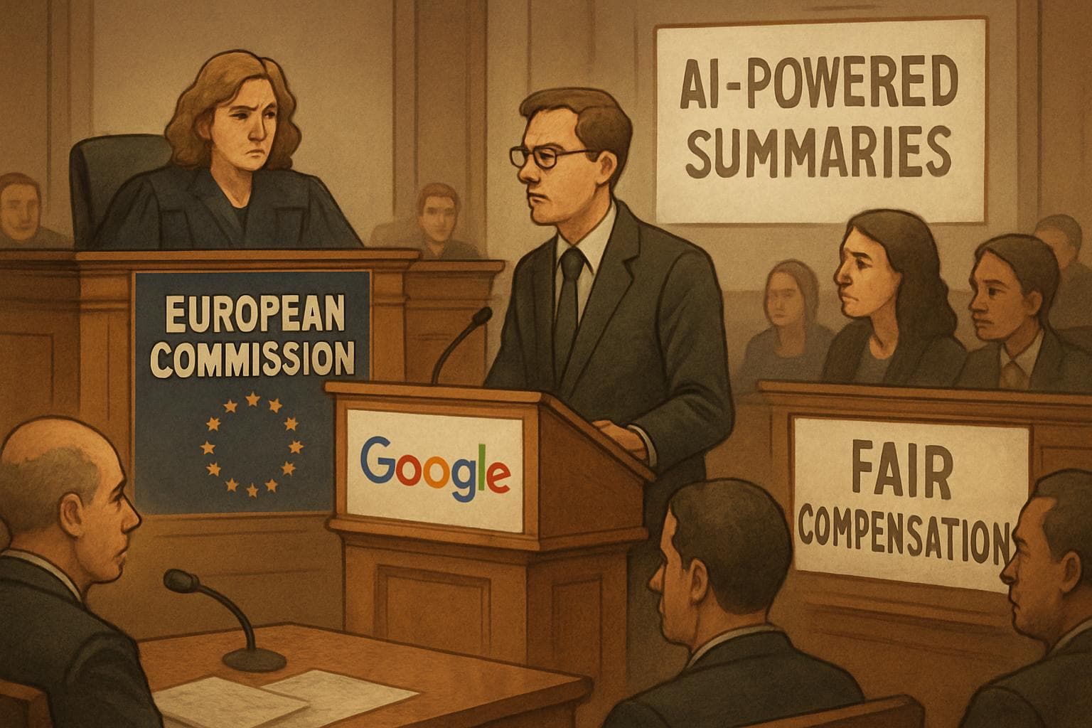 European Commission courtroom examining Google's AI summaries