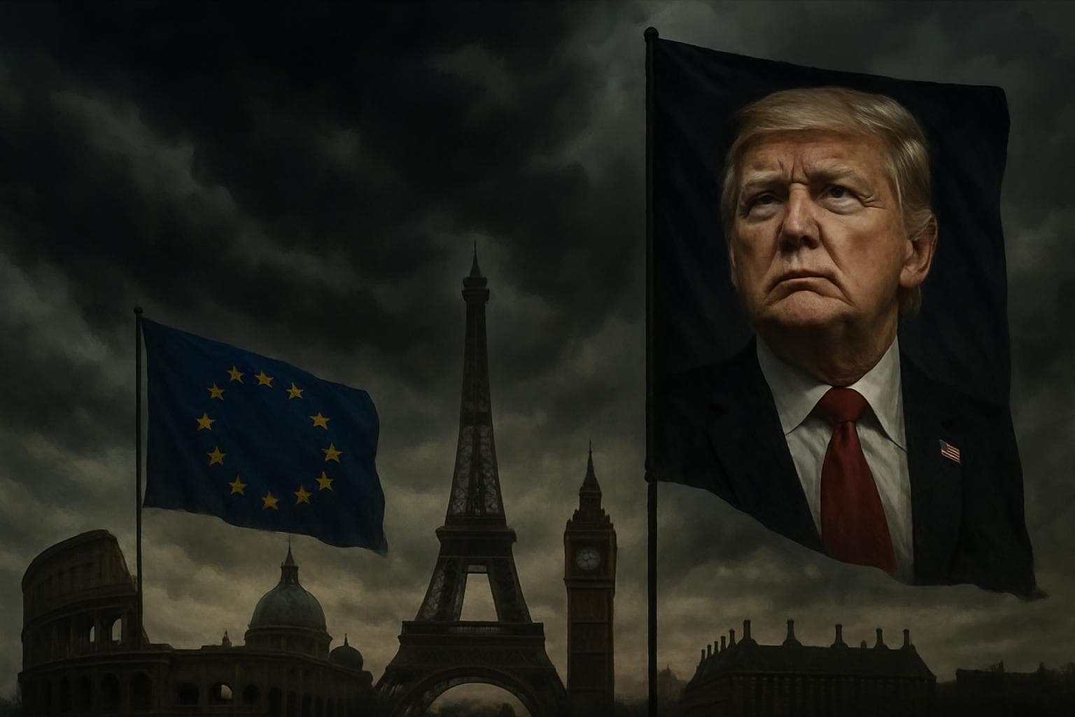 European landmarks under dark clouds symbolizing US-EU tension