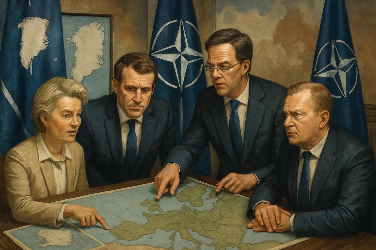 European leaders discussing military strategies with maps and NATO flags