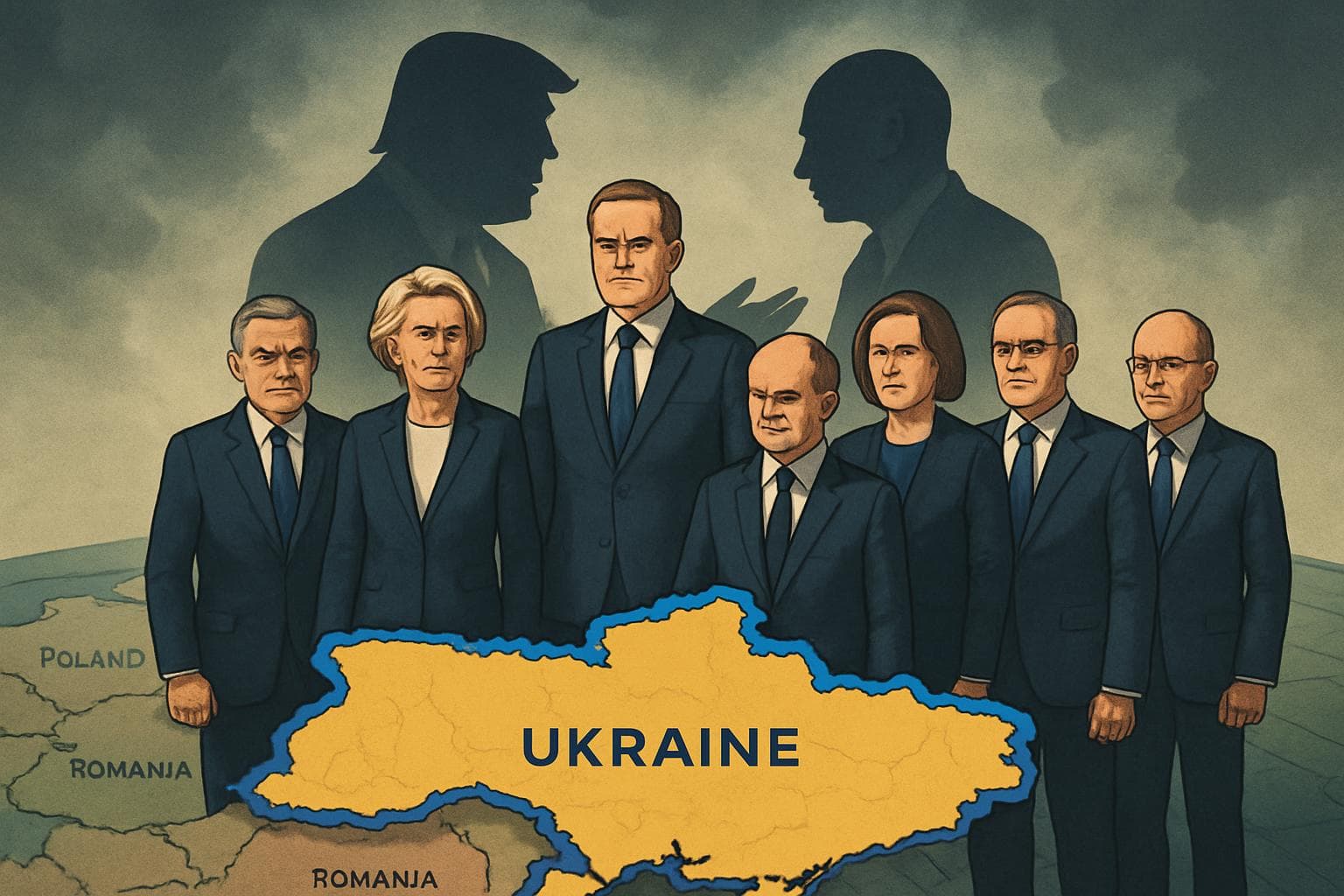 European leaders stand on Eastern Europe map supporting Ukraine