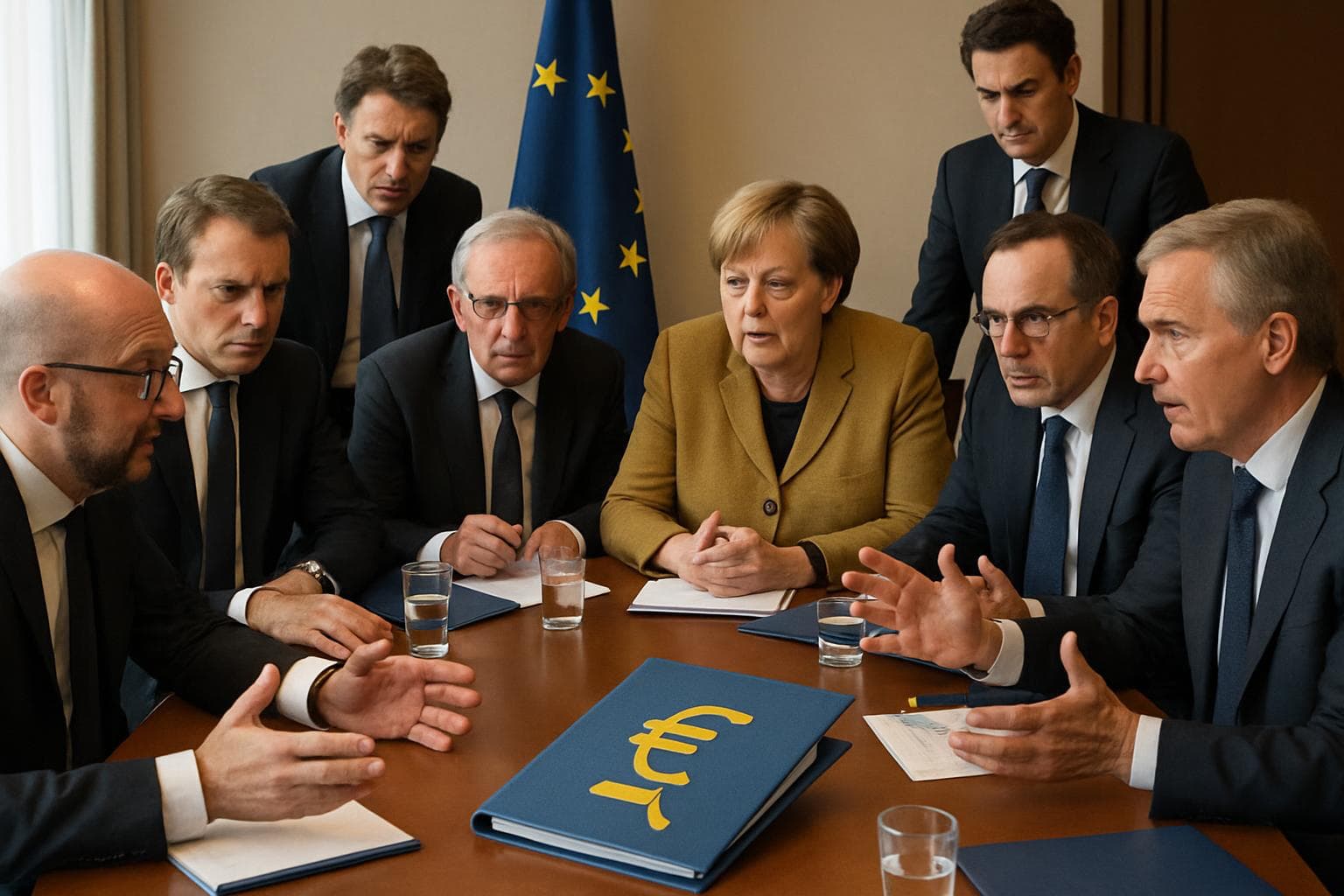 European leaders debating around a table about Trump's tariff threats