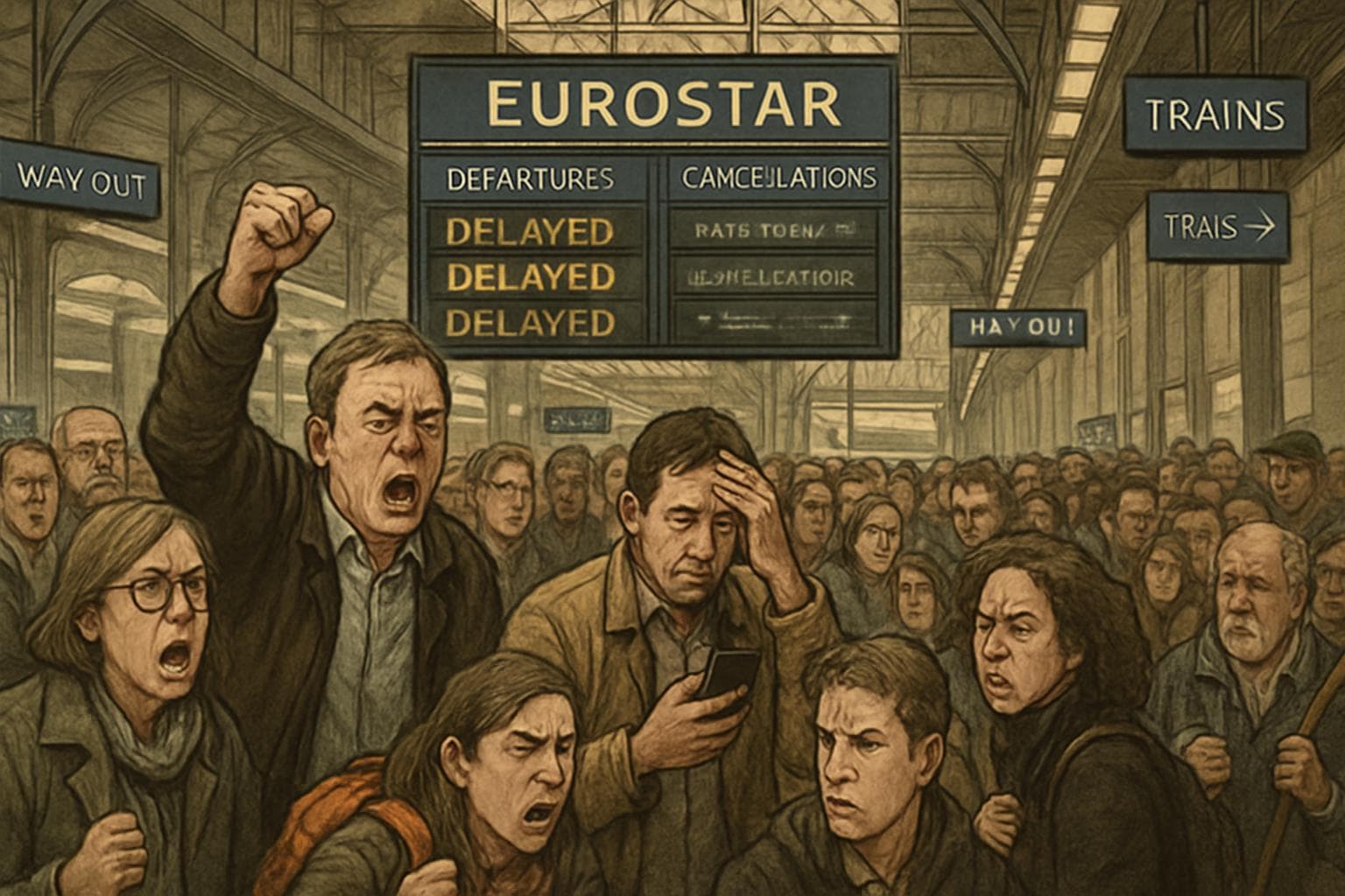 Frustrated passengers in long queues at a train station