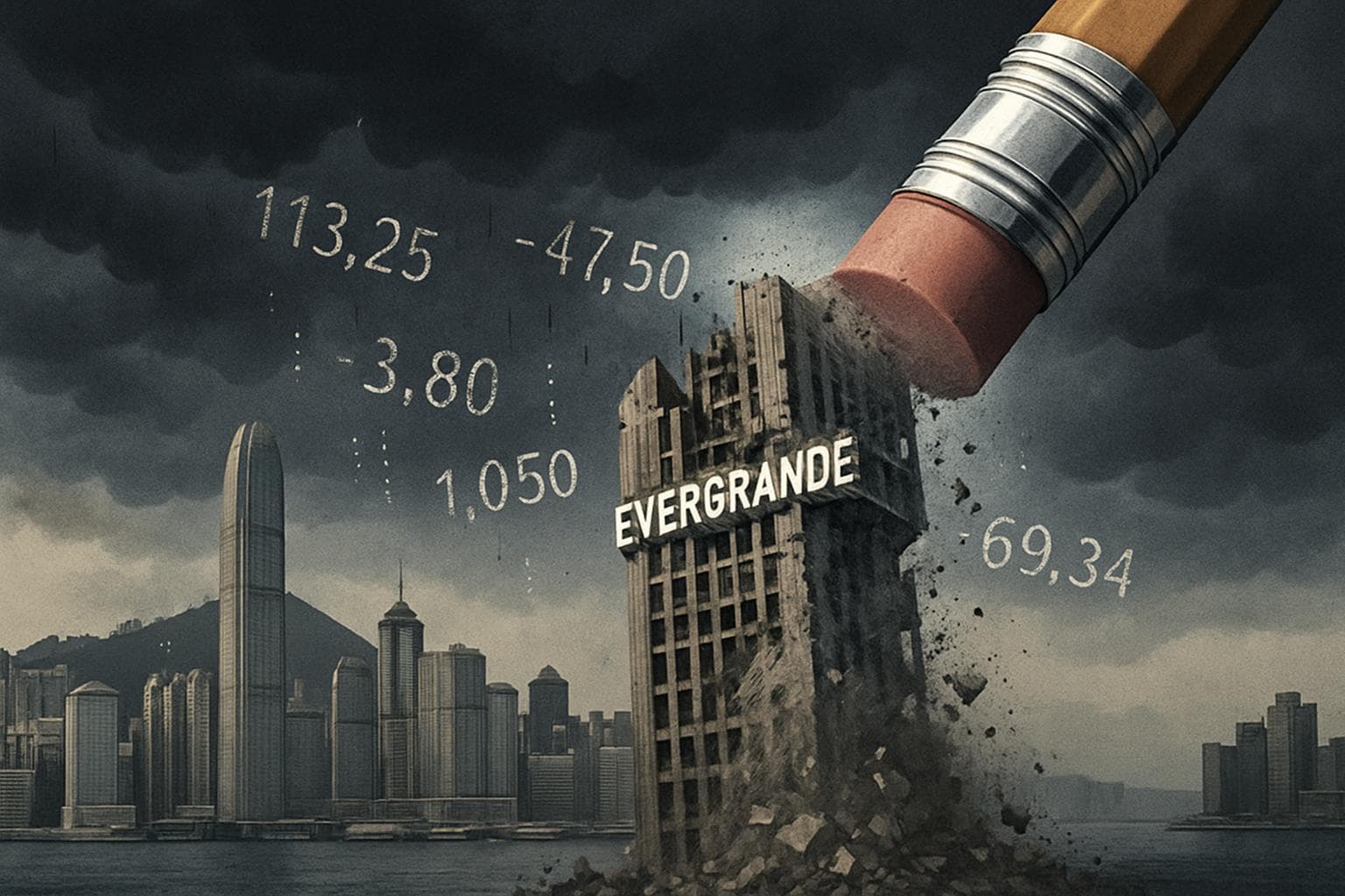 Crumbling Evergrande skyscraper in Hong Kong skyline