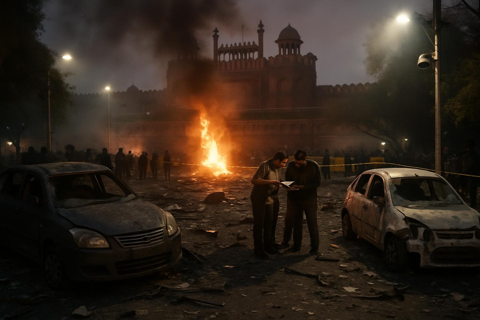 Explosion aftermath near Delhi's Red Fort with damaged vehicles