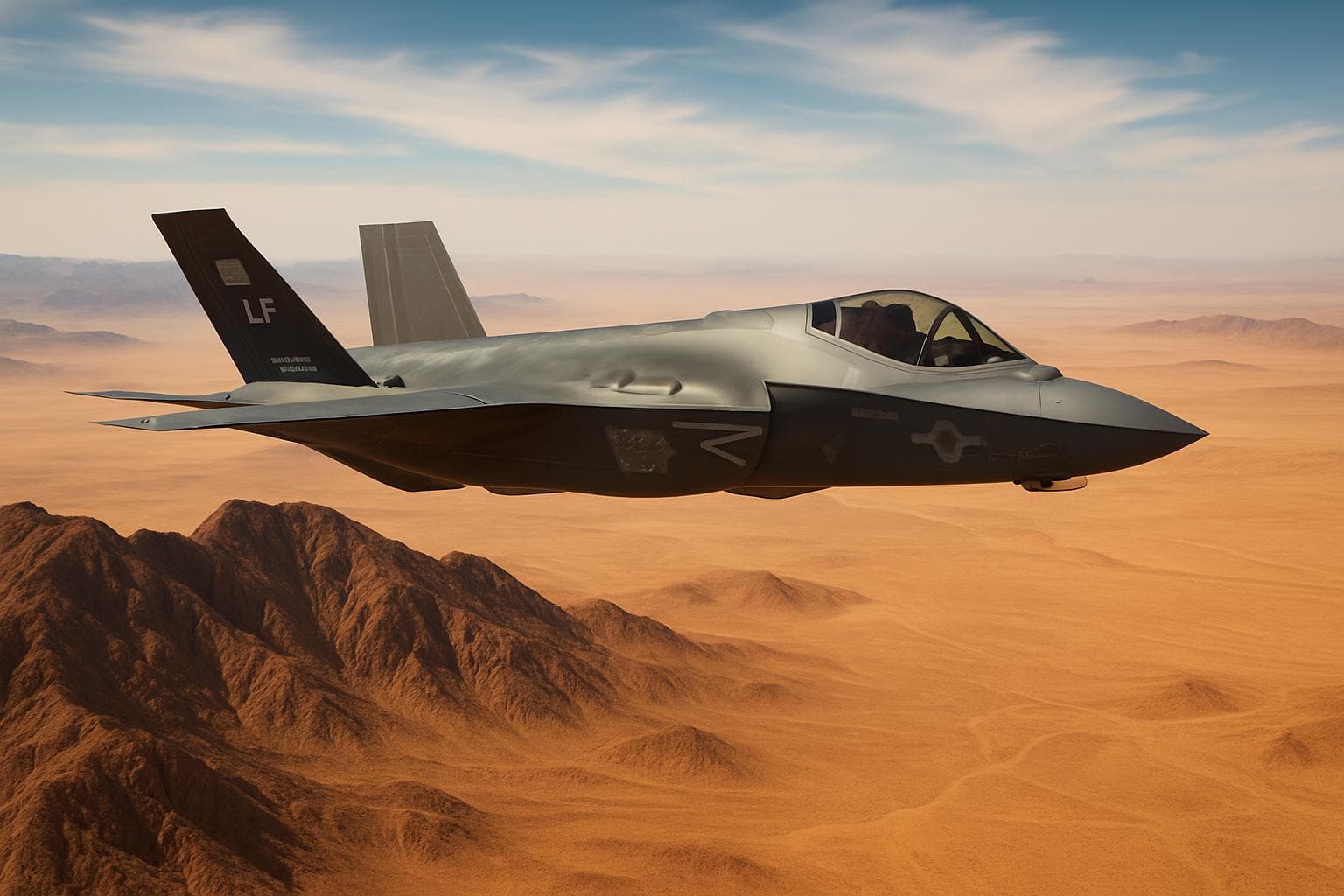 F-35 fighter jet flying over a desert landscape