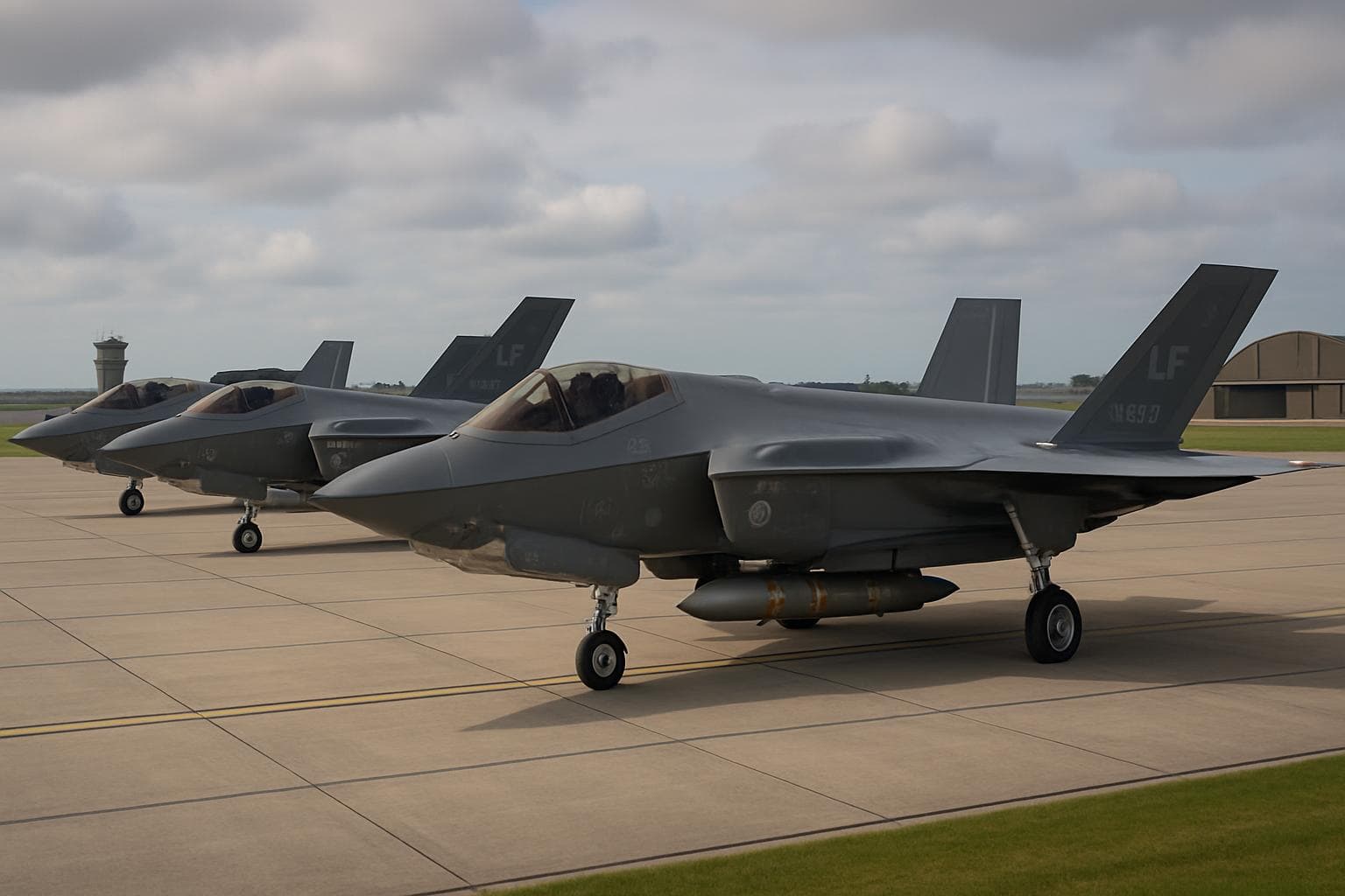 F-35A fighter jets lined up at a UK airbase