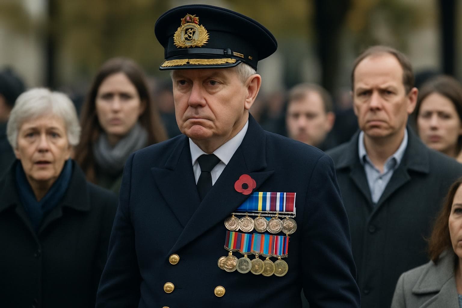 Elderly man in fake Royal Navy uniform at event