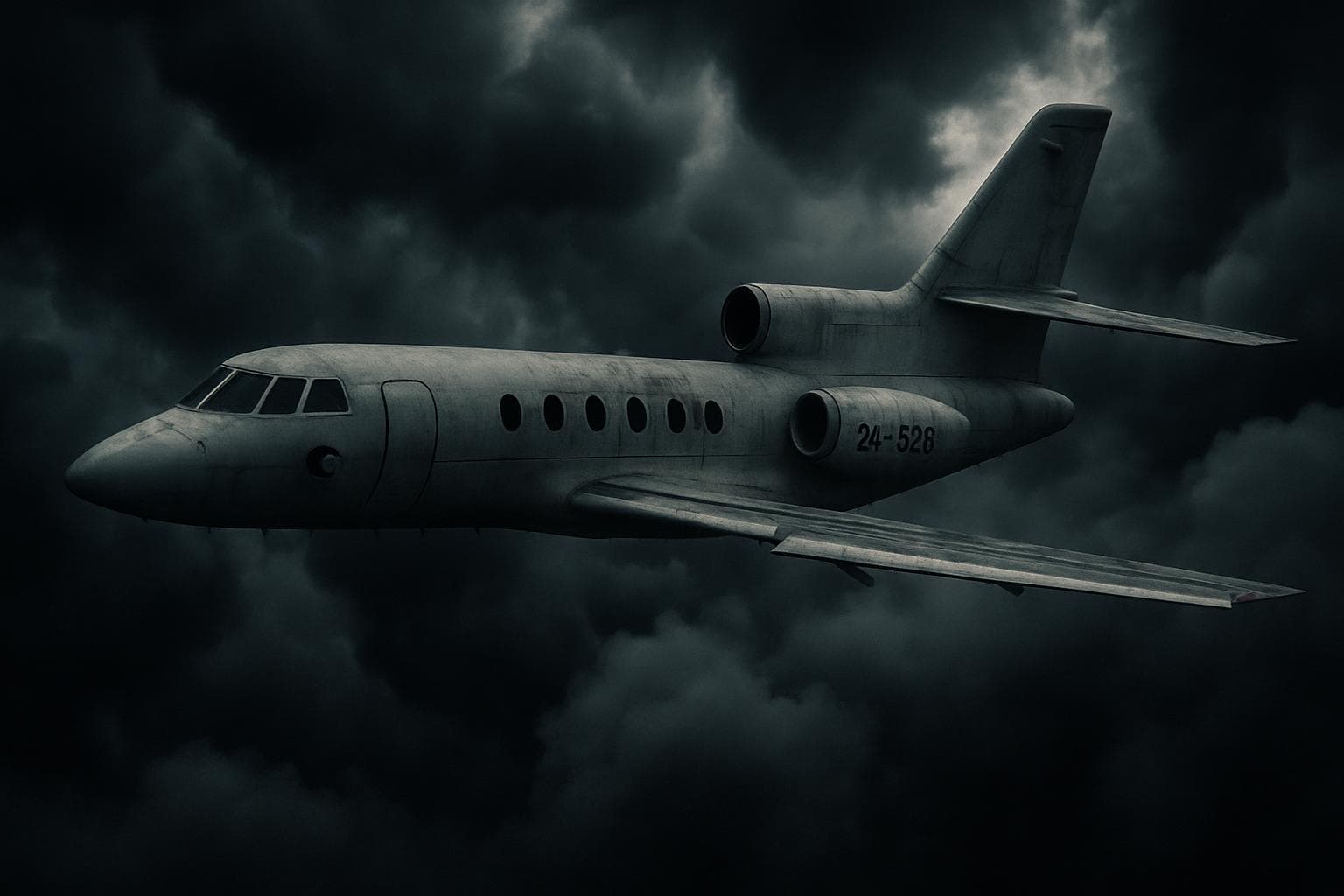 Aerial view of Falcon 50 aircraft in stormy clouds