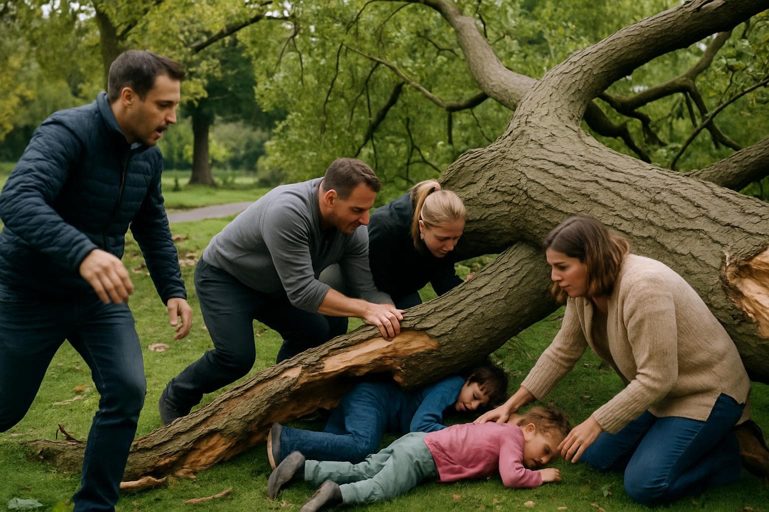 Fallen tree in Chalkwell Park with community members aiding