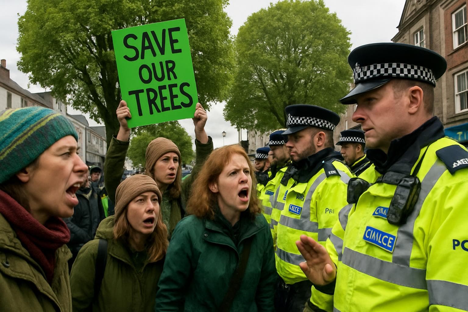 Police and activists confront each other in Falmouth over lime trees