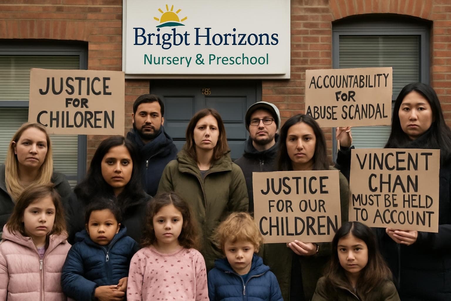 Families protesting outside Bright Horizons nursery with signs