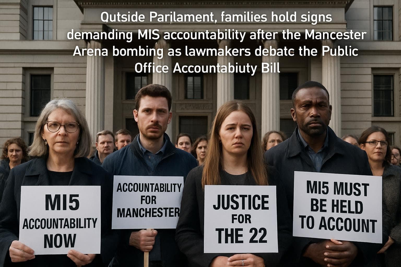 Families holding signs outside a government building