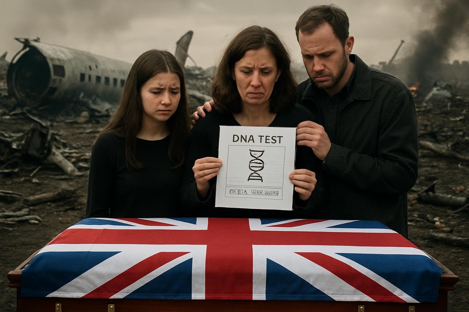 Family with DNA test results near a coffin draped in a British flag.