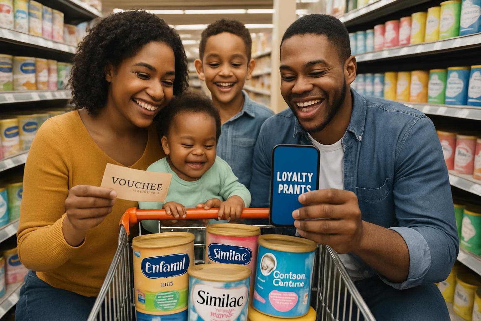 Family shopping for infant formula in grocery store aisle.