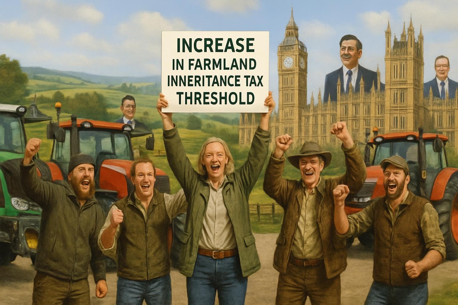 Farmers with tractors outside UK Parliament celebrating