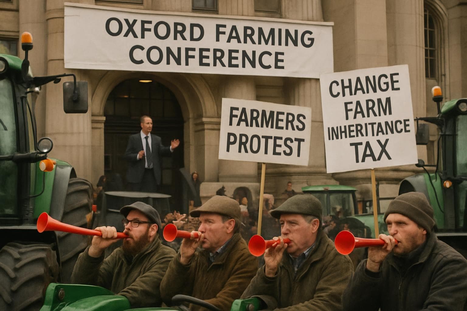 Farmers on tractors protesting at the Oxford Farming Conference