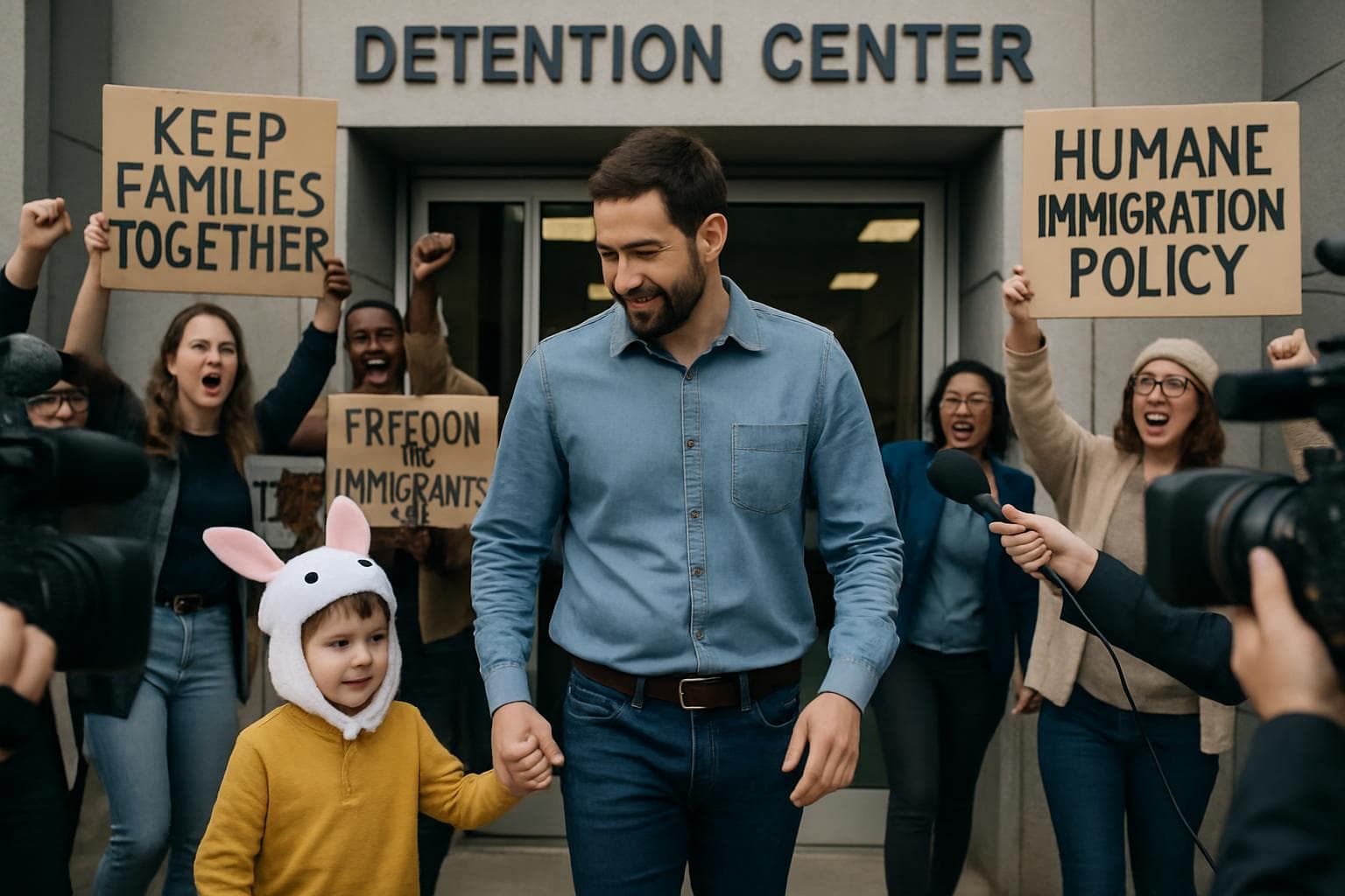 Father and son in bunny hat leaving detention center