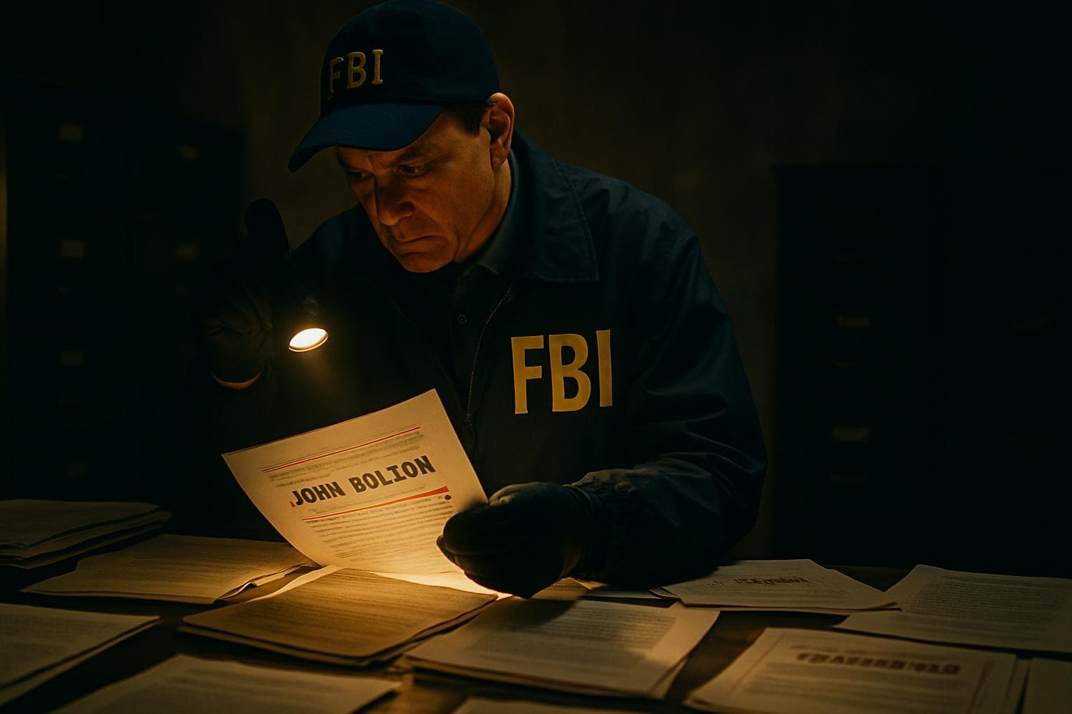 Federal agent searching a dimly lit room with documents
