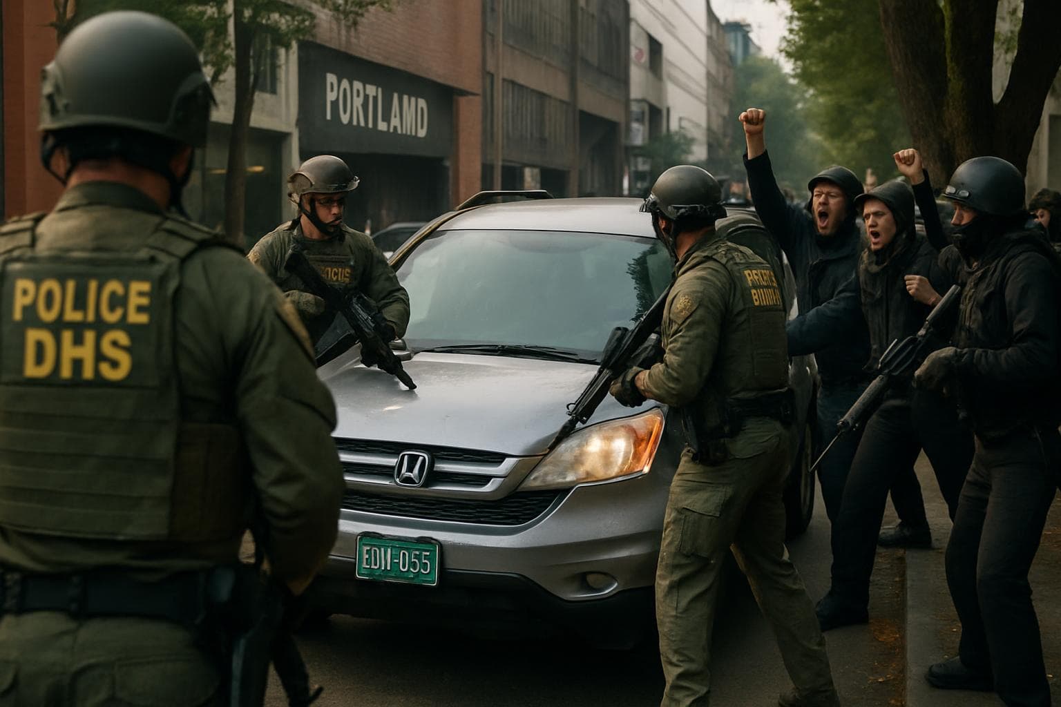 Federal agents in confrontation with a vehicle in Portland