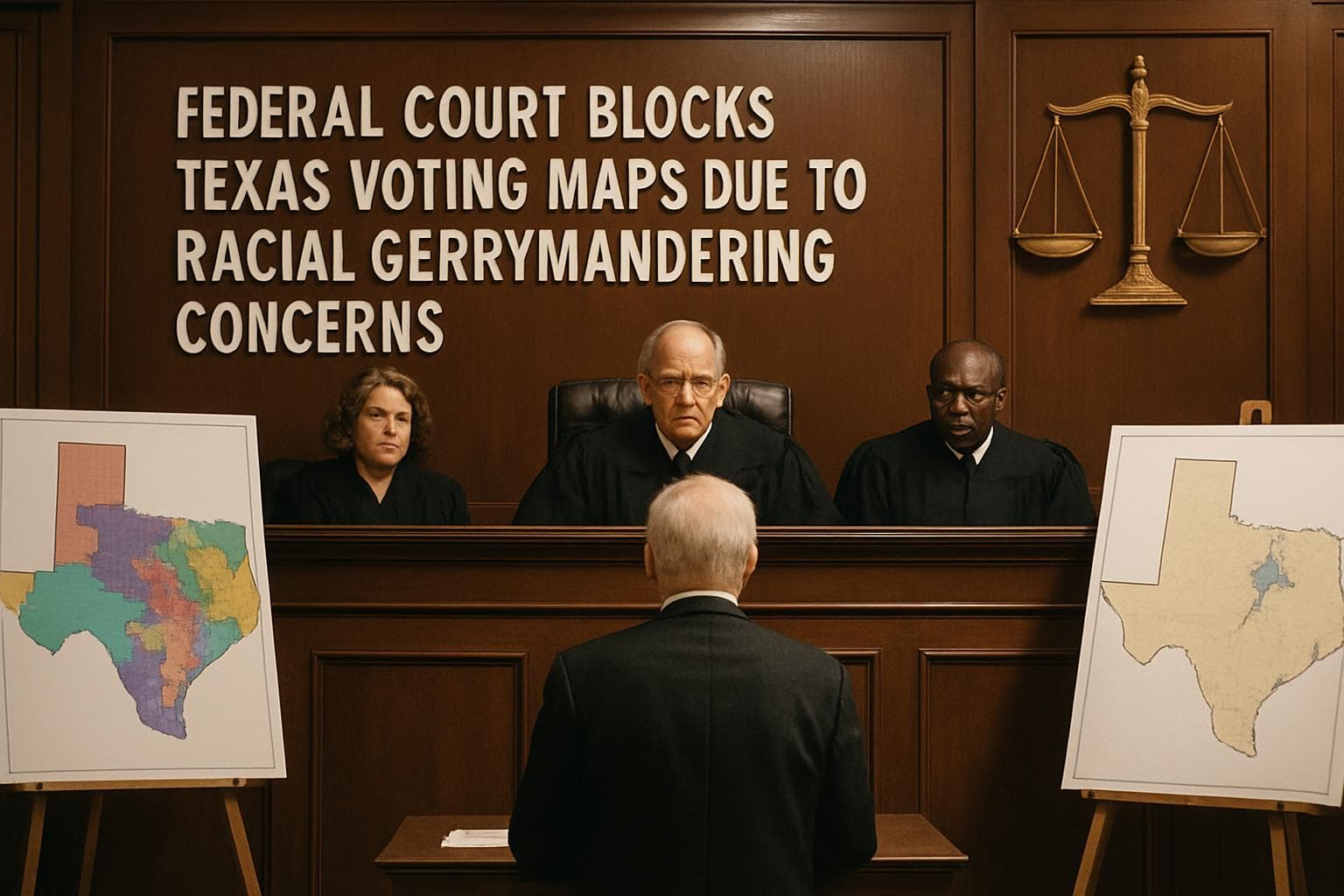 Federal courtroom with judges and voting maps