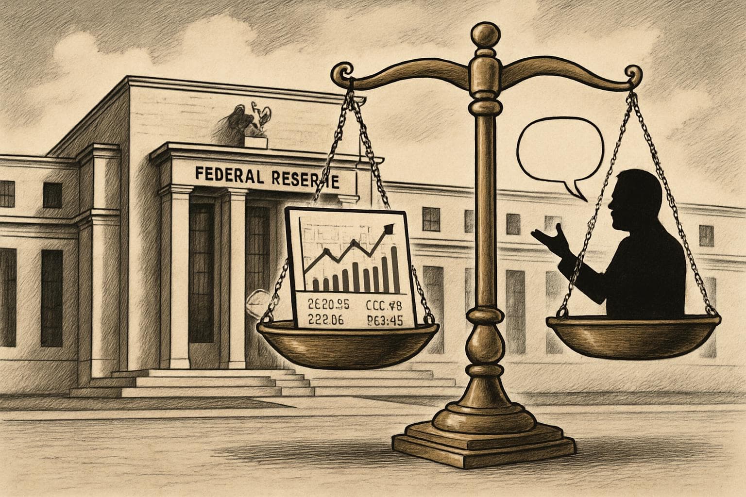 Federal Reserve building with scales balancing economic data and political pressure