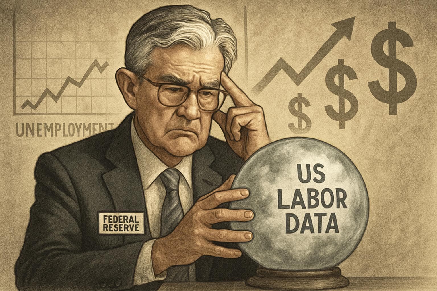 Federal Reserve chair examining a cloudy crystal ball labeled US Labor Data