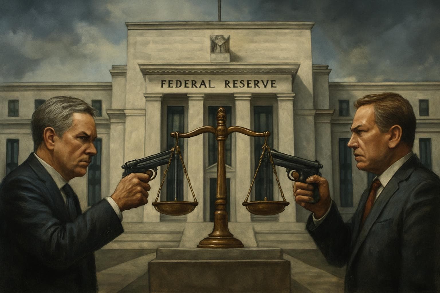 Federal Reserve building with scales of justice in front