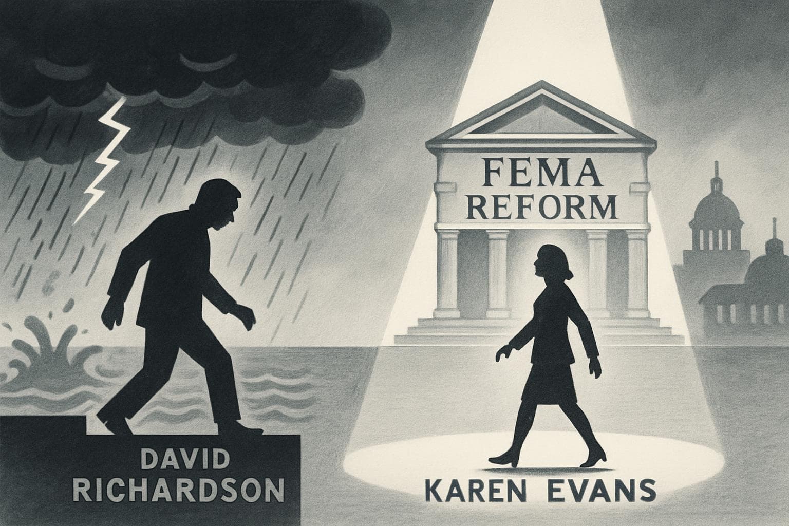 Silhouette of David Richardson stepping down, Karen Evans stepping forward under spotlight