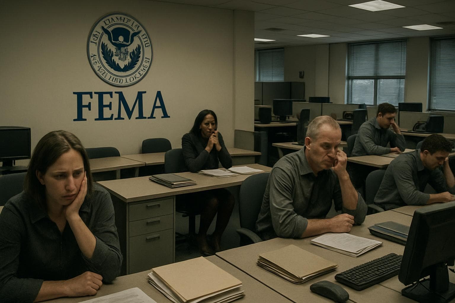 Empty desks and worried employees in a FEMA office