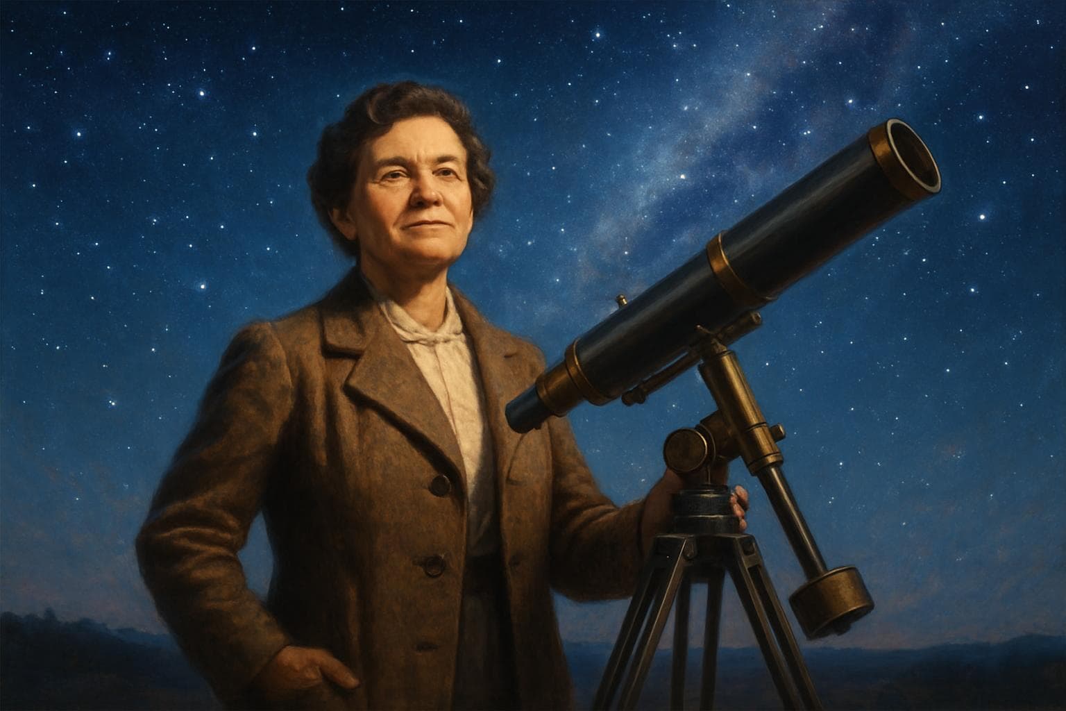 Female astronomer with telescope under a starry sky